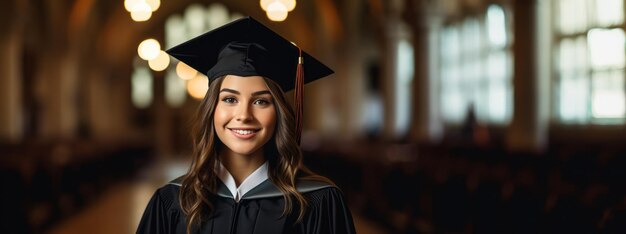 Foto una mujer europea sonriente en traje de graduación dentro de una sala universitaria ilustración generativa de ai