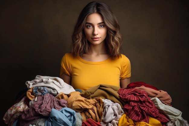 La mujer europea sostiene una gran cantidad de ropa de colores en sus manos para lavarla en la lavandería o reciclarla