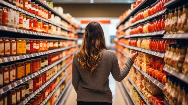 Una mujer examina cuidadosamente diferentes alimentos enlatados en un estante de una tienda de comestibles
