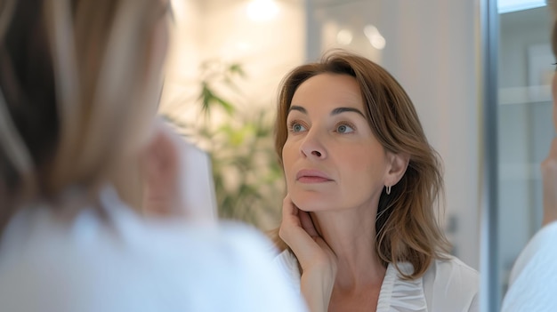 Mujer examinando su reflejo rutina de cuidado de la piel momento un aspecto natural vida cotidiana capturado encontrar la belleza en la simplicidad IA