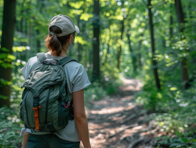 Foto mujer de excursión en el bosque