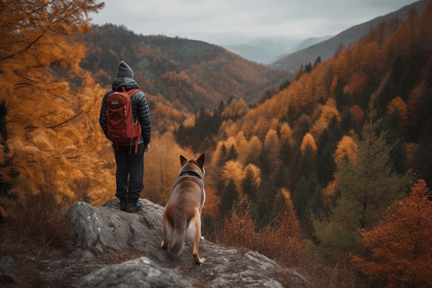 Mujer de excursión con perro en las montañas IA generativa