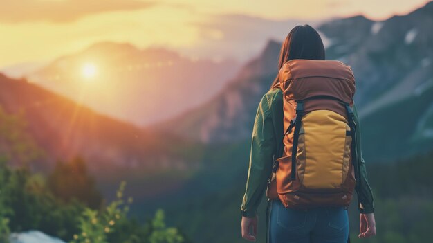 Mujer excursionista aventurera de pie en la cima de una montaña con una mochila