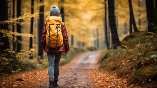 Una mujer excursionista disfrutando de una caminata de otoño en un sendero forestal pintoresco en medio del follaje de otoños en la naturaleza