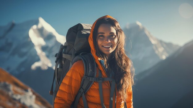 Mujer excursionista excursionista viajero campista caminando en la cima de la montaña en un día soleado bajo el sol