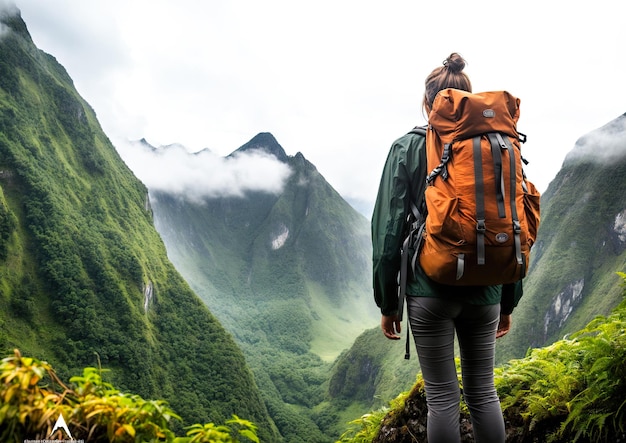 Mujer excursionista con una mochila caminando por un sendero en las montañas