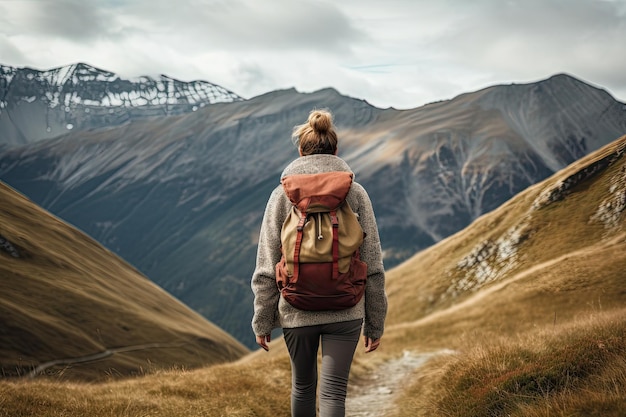 Mujer excursionista con mochila excursionando en las montañas Concepto de excursionismo Una excursionista caminando a las montañas vista trasera Generada por IA