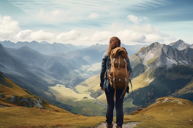 Mujer excursionista con mochila excursionando en las montañas Concepto de senderismo Vista trasera de una mujer excursionista con una mochila disfrutando de increíbles paisajes de valle en la cima de la montaña Generada por IA