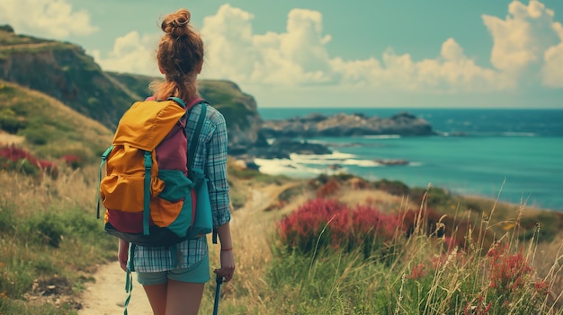 Mujer excursionista con mochila relajándose en la costa y disfrutando de las vistas al océano