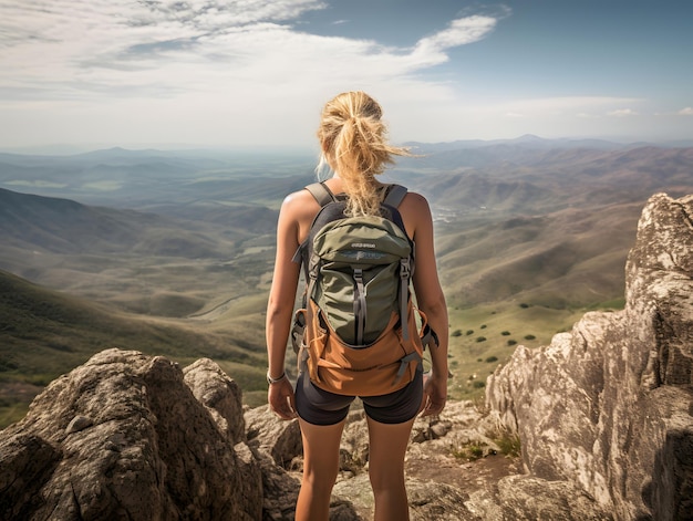 Una mujer excursionista vista desde atrás en la cima de una montaña IA generativa