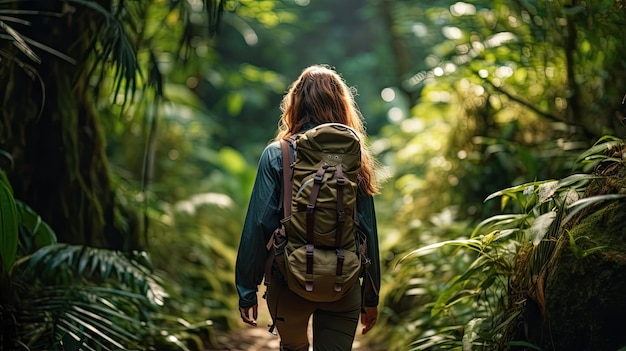 Mujer excursionista vista de todo el cuerpo desde atrás caminando a través de la selva tropical