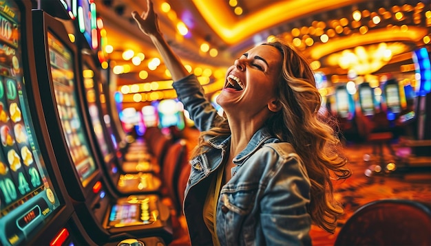 Foto mujer exitada mujer ganadora del premio mayor máquina tragamonedas juego de azar sonrisa alegre mano presionando el botón de apuesta