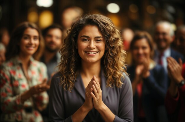 Mujer de éxito rodeada de empleados