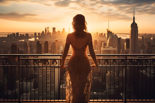 Foto mujer exitosa de pie en el balcón de lujo vista trasera de la rica silueta femenina al atardecer nueva york