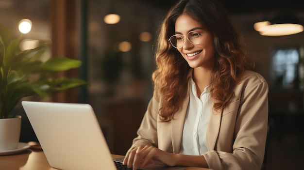 Mujer exitosa que trabaja con una computadora portátil en un espacio de trabajo profesional y elegante de Office