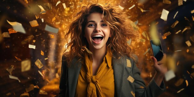 Foto una mujer exitosa con un teléfono móvil y rodeada de brillo dorado generative ai