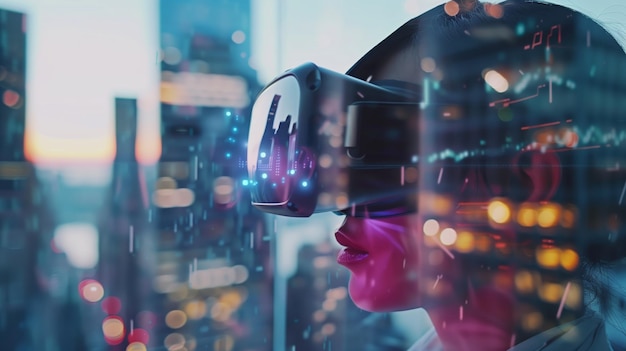 Mujer experimentando una ciudad futurista de realidad virtual