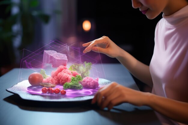 Foto mujer experimentando realidad aumentada comiendo comida virtual en el ciberespacio