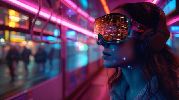 Mujer experimentando la realidad virtual en un entorno urbano NeonLit