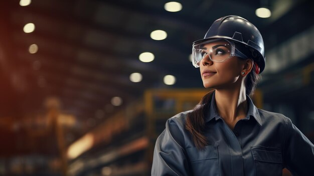 Una mujer experta en la industria pesada con gafas uniformes y sombrero de seguridad se para con confianza en una bulliciosa fábrica de acero