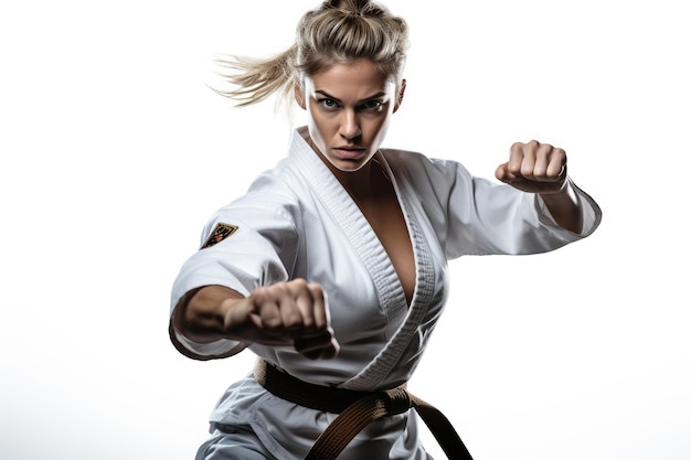 Una mujer experta en una postura de karate muestra su experiencia mientras usa un cinturón negro Karateadora profesional aislada en blanco AI generado