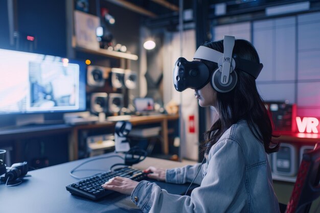 Mujer explorando la realidad virtual en una exposición tecnológica tecnología avanzada experiencia inmersiva de realidad virtual un