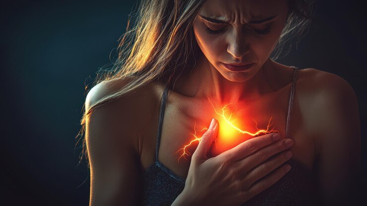 Una mujer expresa un profundo dolor emocional sosteniendo su pecho como si sintiera una oleada de energía su expresión transmite angustia y vulnerabilidad