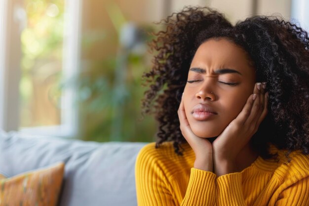 Mujer con una expresión dolorosa sosteniendo la cabeza posiblemente experimentando un dolor de cabeza