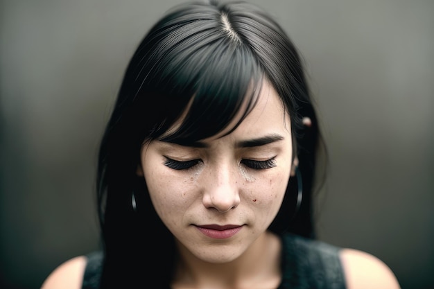 Una mujer con una expresión triste en su rostro.