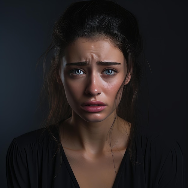 Foto una mujer con una expresión triste en su rostro