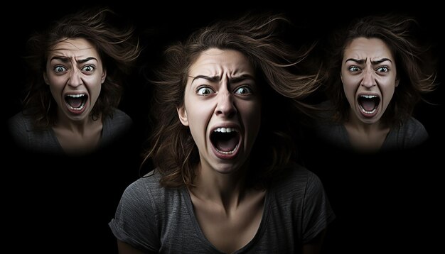 Foto mujer expresiva se enfrenta a retratos de intensas emociones en acción