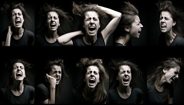 Foto mujer expresiva se enfrenta a retratos de intensas emociones en acción
