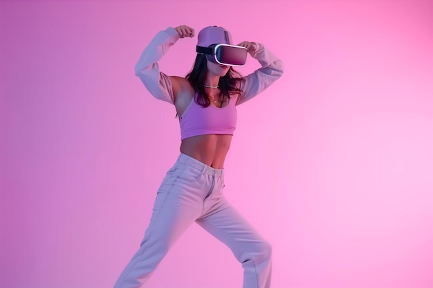 La mujer extendida en camisetas de yoga y pantalones cortos bailando en la habitación rosa en el fondo en el estilo