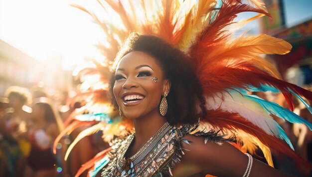 Una mujer con un extravagante disfraz de plumas en un carnaval sonriendo alegremente El concepto de festividad y alegría