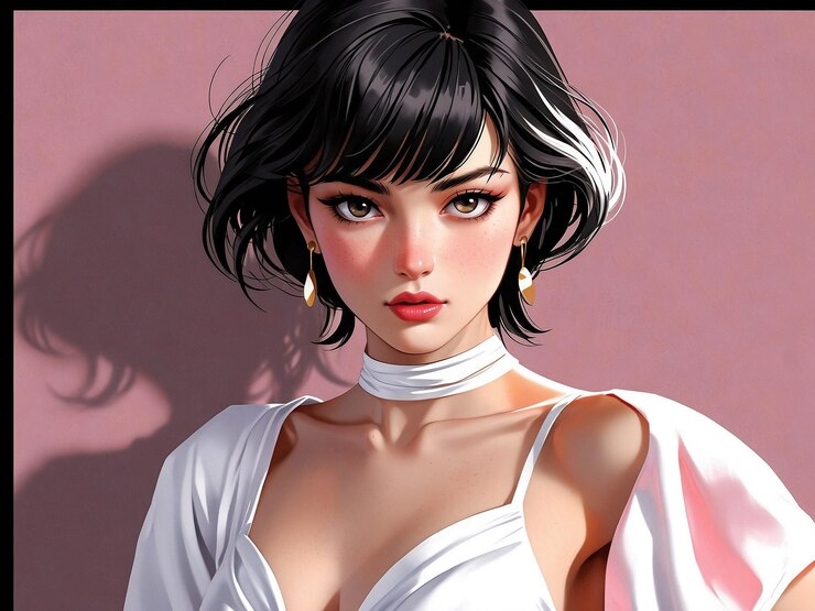 una mujer con una faja blanca y un cabello negro