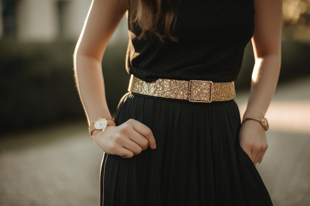 Mujer con falda negra clásica con cinturón dorado brillante y camiseta sin mangas creada con ai generativo