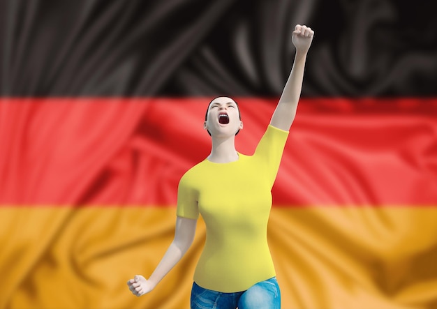 Mujer fan alemana celebrando la victoria de Alemania con bandera alemana celebrando la independencia de Alemania