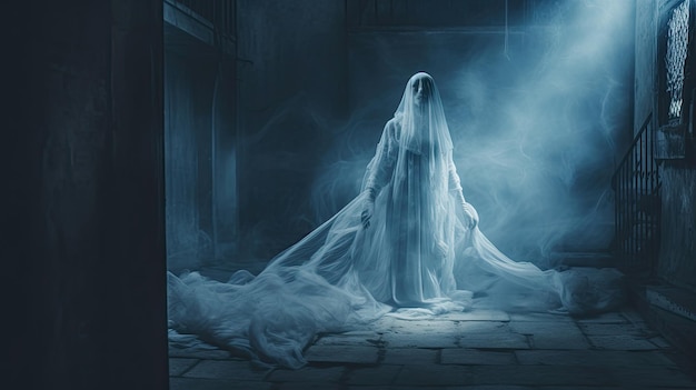 Mujer fantasma aterradora en la casa encantada Fondo de terror para la portada del libro