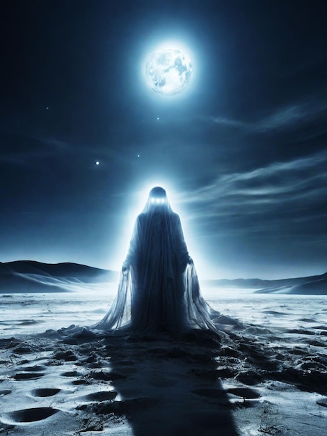 Una mujer fantasmalmente transparente de pie frente a las luces por la noche con un grunge Ai generar