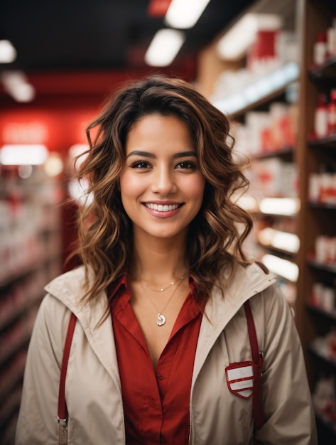 mujer farmacéutica en bata roja y blanca