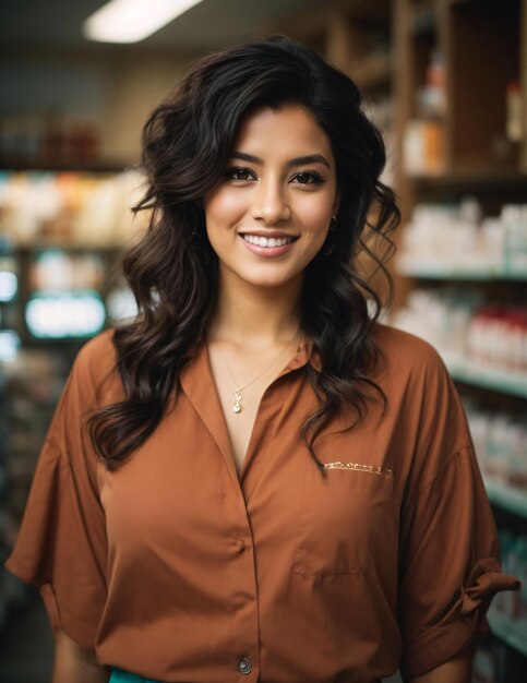 Mujer farmacéutica en traje de tosca