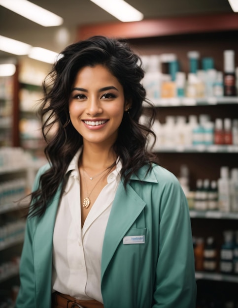 Mujer farmacéutica en traje de tosca