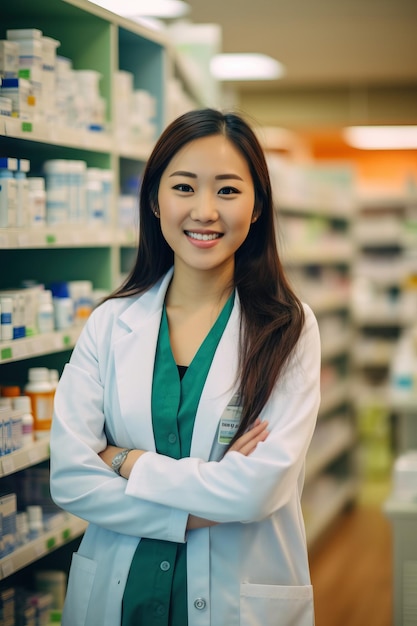 Una mujer en una farmacia con bata blanca se para frente a un estante con medicamentos