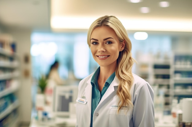 Una mujer en una farmacia con una sonrisa en su rostro.