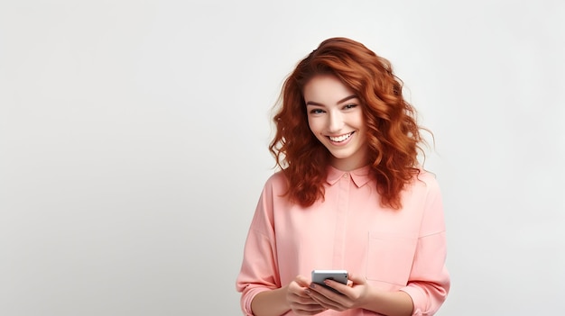 Mujer de felicidad tecnológica sonriendo con espacio de texto para teléfono inteligente proporcionado