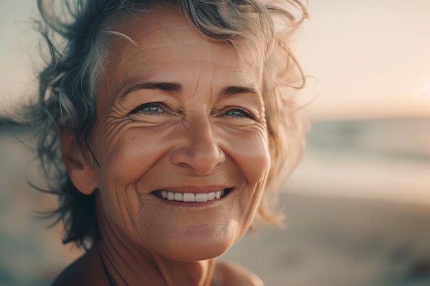 Mujer feliz de 60 años disfrutando de la playa IA generativa