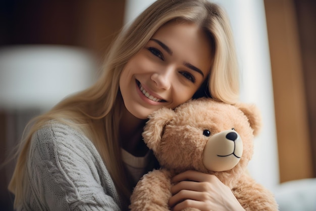 Una mujer feliz abrazando a un oso de peluche