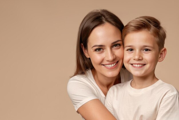 mujer feliz abrazar a su hijo en fondo beige con espacio de copia concepto de día de la madre