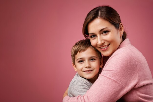 Foto mujer feliz abrazar a su hijo en fondo rosa con espacio de copia concepto de día de la madre