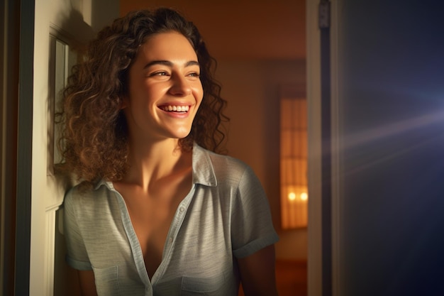 Mujer feliz abre la puerta para dar la bienvenida al vecino por la mañana